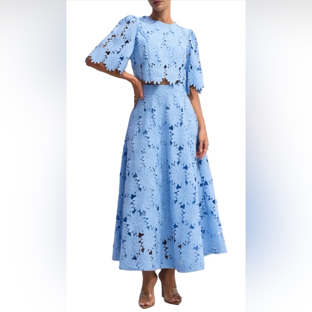 Sky Blue Floral Lace Maxi Skirt Set — Feminine A-Line Style